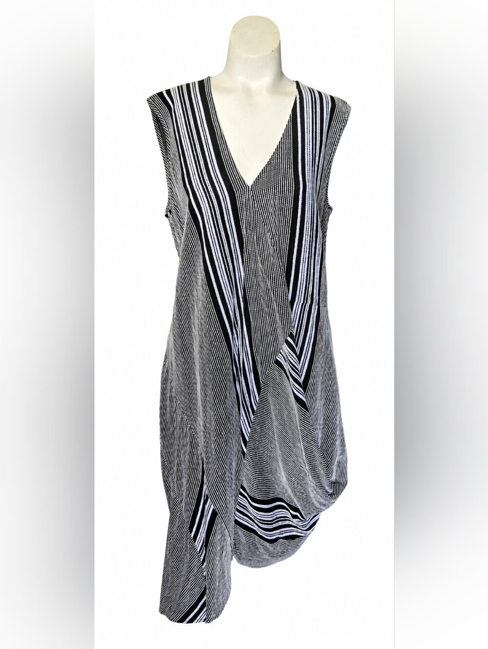 Maria Cornejo Black White Striped Asymmetrical Draped Tunic Dress Size 10
